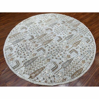 8'3"X8'3" Gray Peshawar With Folk Art Cypress Tree Design Shiny Wool Rug