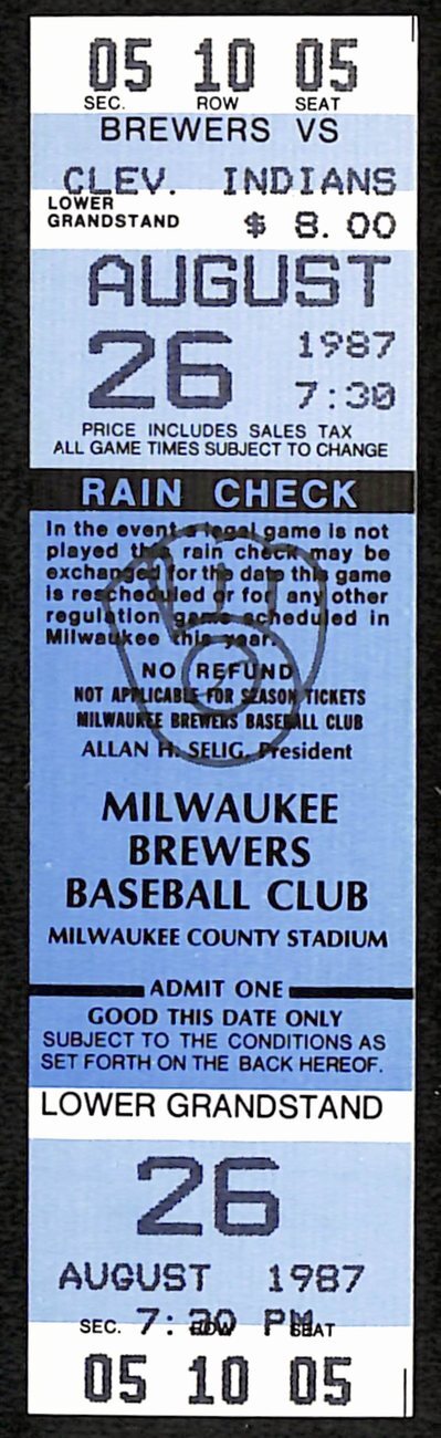 Paul Molitor Hit Streak Ends @ 39 8/ 26/ 1987 Indians v Brewers Full Ticket 187553