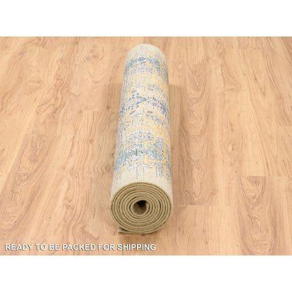 4'X12' Gold Brown Silk With Textured Wool Hand Knotted Wide Runner Rug