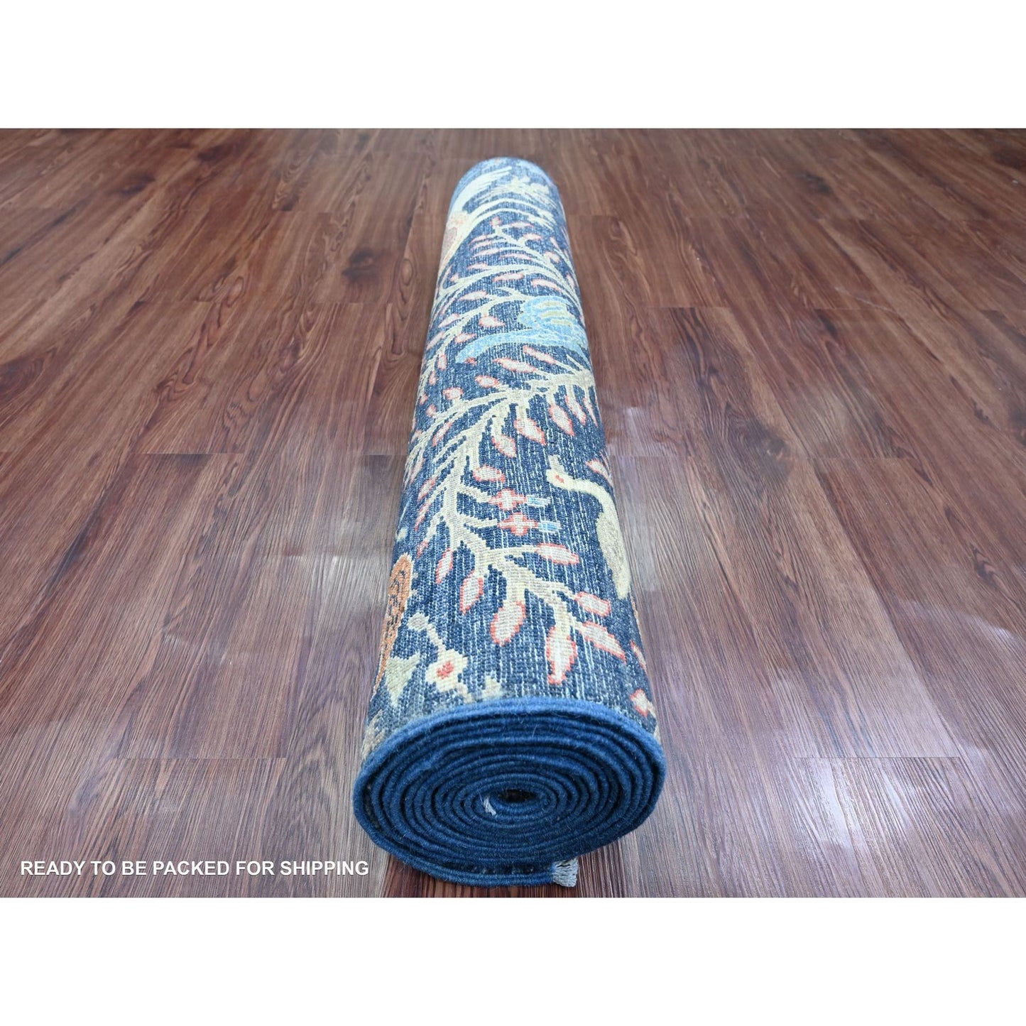 4'X15'8" Blue Hand Knotted Afghan Peshawar Birds Design Wool Runner Rug