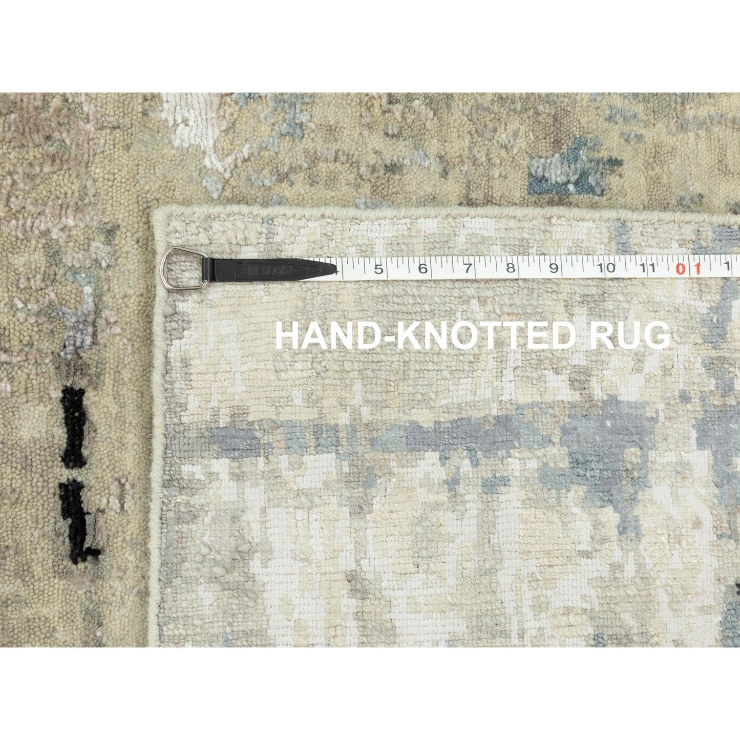 2'5"X9'9" Abstract Design Silver-Blue Hand Knotted Wool-Silk Runner Rug