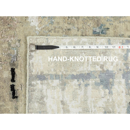 2'5"X9'9" Abstract Design Silver-Blue Hand Knotted Wool-Silk Runner Rug