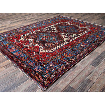 6'X7'8" Ivory Afghan Caucasian Design Revival Soft Wool Hand Knotted Rug