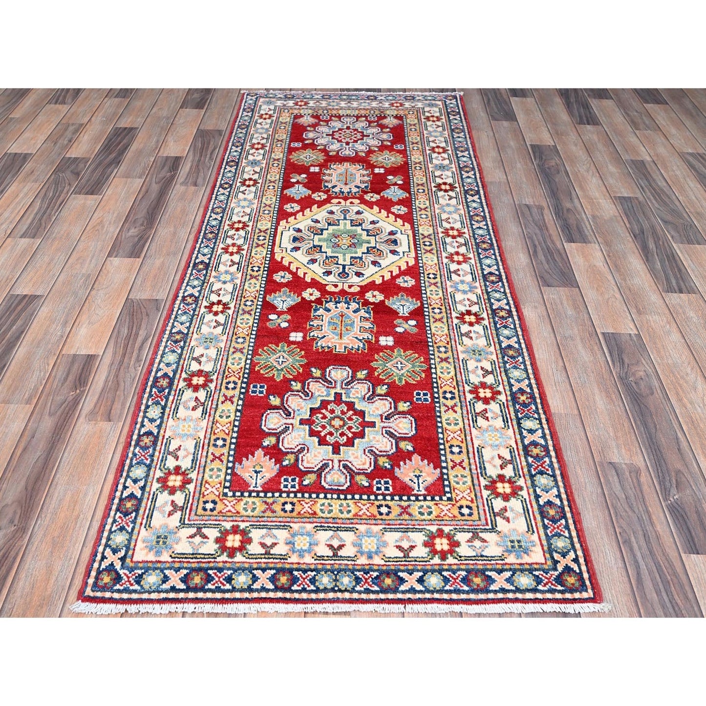 2'9"X6'10" Red Hand Knotted Wool Denser Weave Kazak Runner Oriental Rug