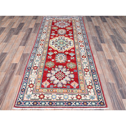 2'9"X6'10" Red Hand Knotted Wool Denser Weave Kazak Runner Oriental Rug