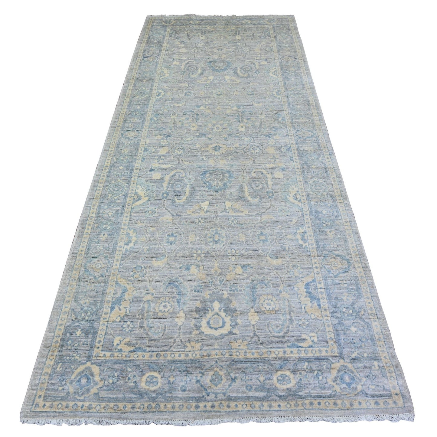 4'X10' Gray Finer Peshawar Soft Wool Hand Knotted Runner Oriental Rug