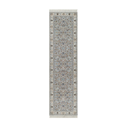 2'8"X10'1" Blue Wool And Silk Nain Floral Pattern Hand Knotted Runner Rug