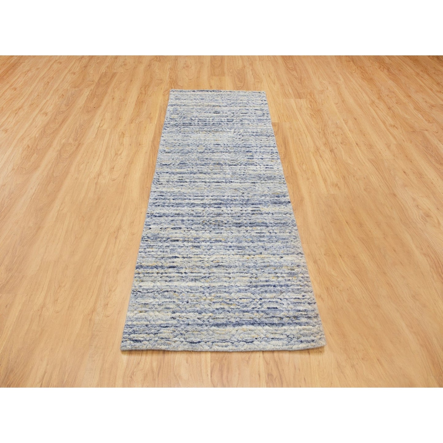 2'6"X8' Blue Variegated Design Hand Loomed Pure Wool Modern Runner Rug