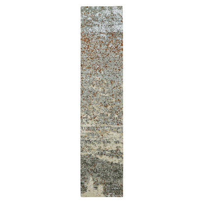 2'7"X12'1" Gray With Rust Abstract Design Wool Hand Knotted Runner Rug