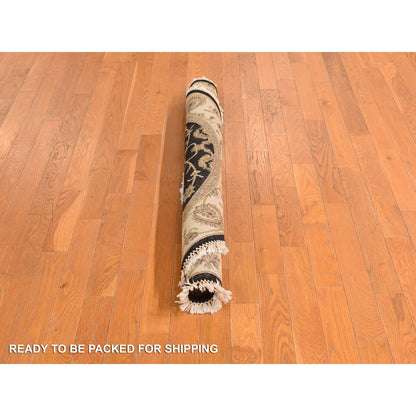 4'2"X4'2" Black Rajasthan Hand Knotted Half Wool And Half Silk Round Rug