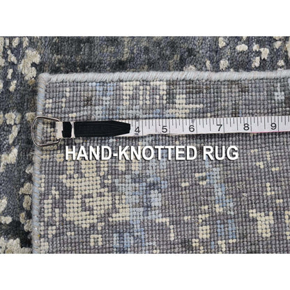 2'6"X10'2" Wool And Silk Abstract Design Gray Hand Knotted Runner Rug