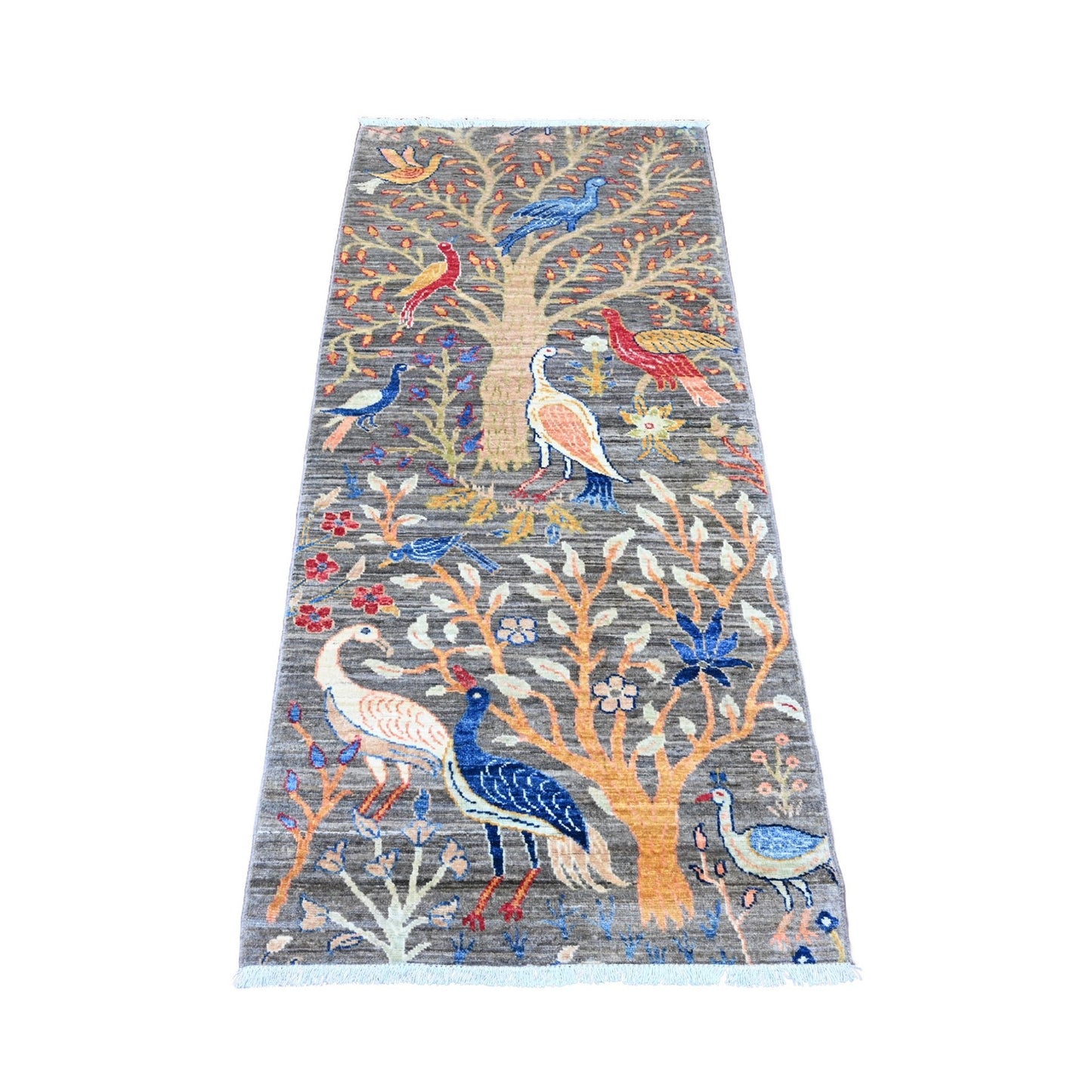 2'8"X5'8" Gray Peshawar Birds Design Hand Knotted Soft Wool Runner Rug