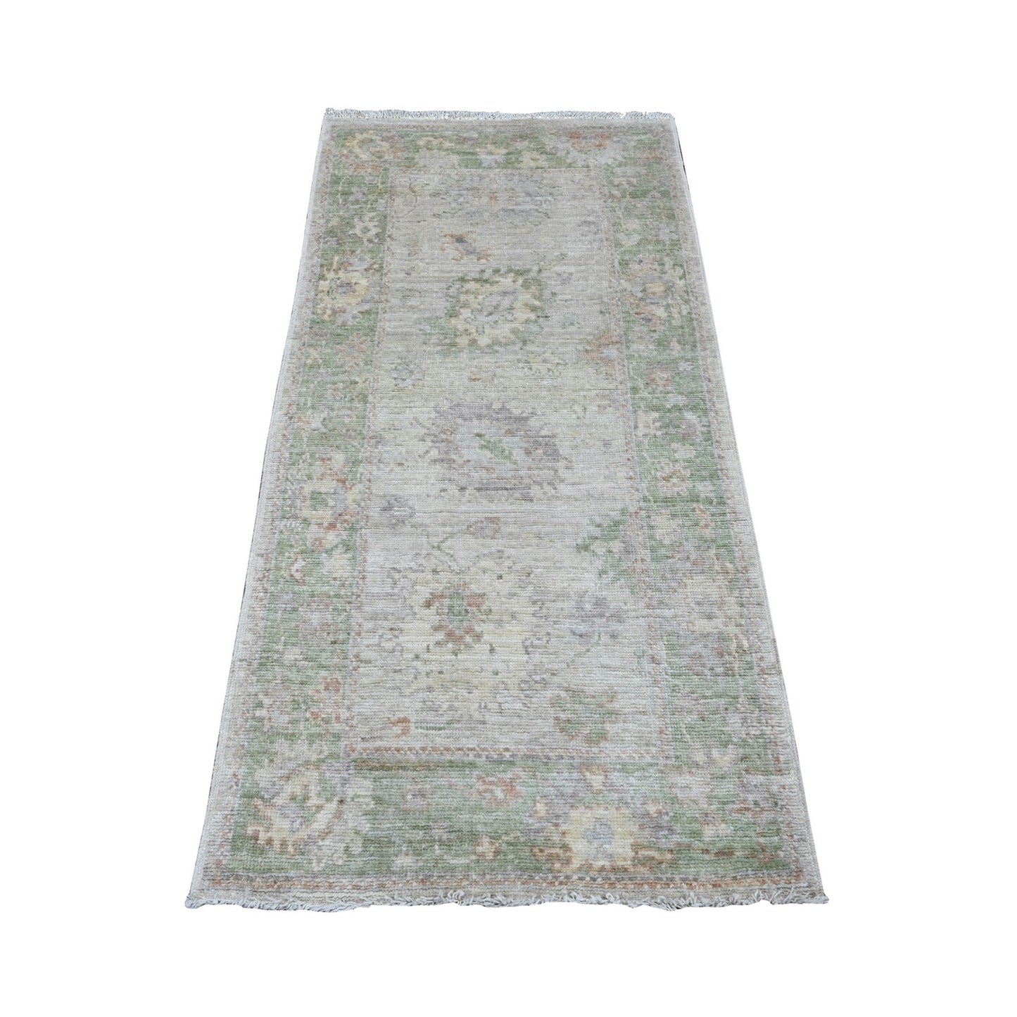 2'10"X5'9" White Hand Knotted Angora Oushak Leaf Design Wool Runner Rug