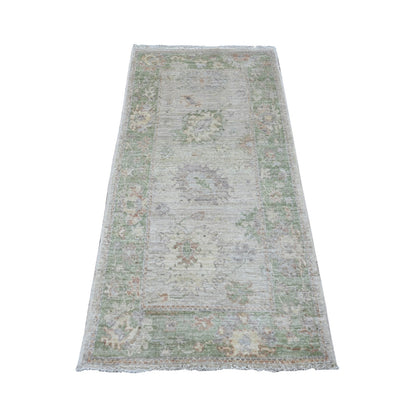 2'10"X5'9" White Hand Knotted Angora Oushak Leaf Design Wool Runner Rug
