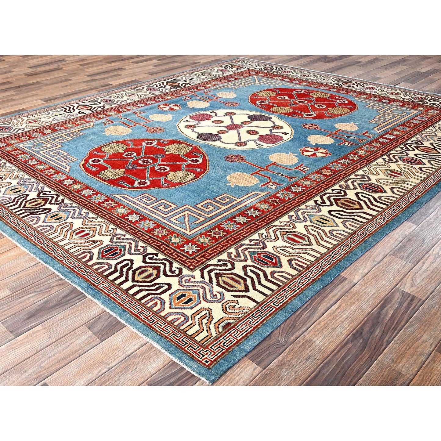 8'X9'9" Fjord Blue Afghan Special Kazak Pure Wool Hand Knotted Oriental Rug