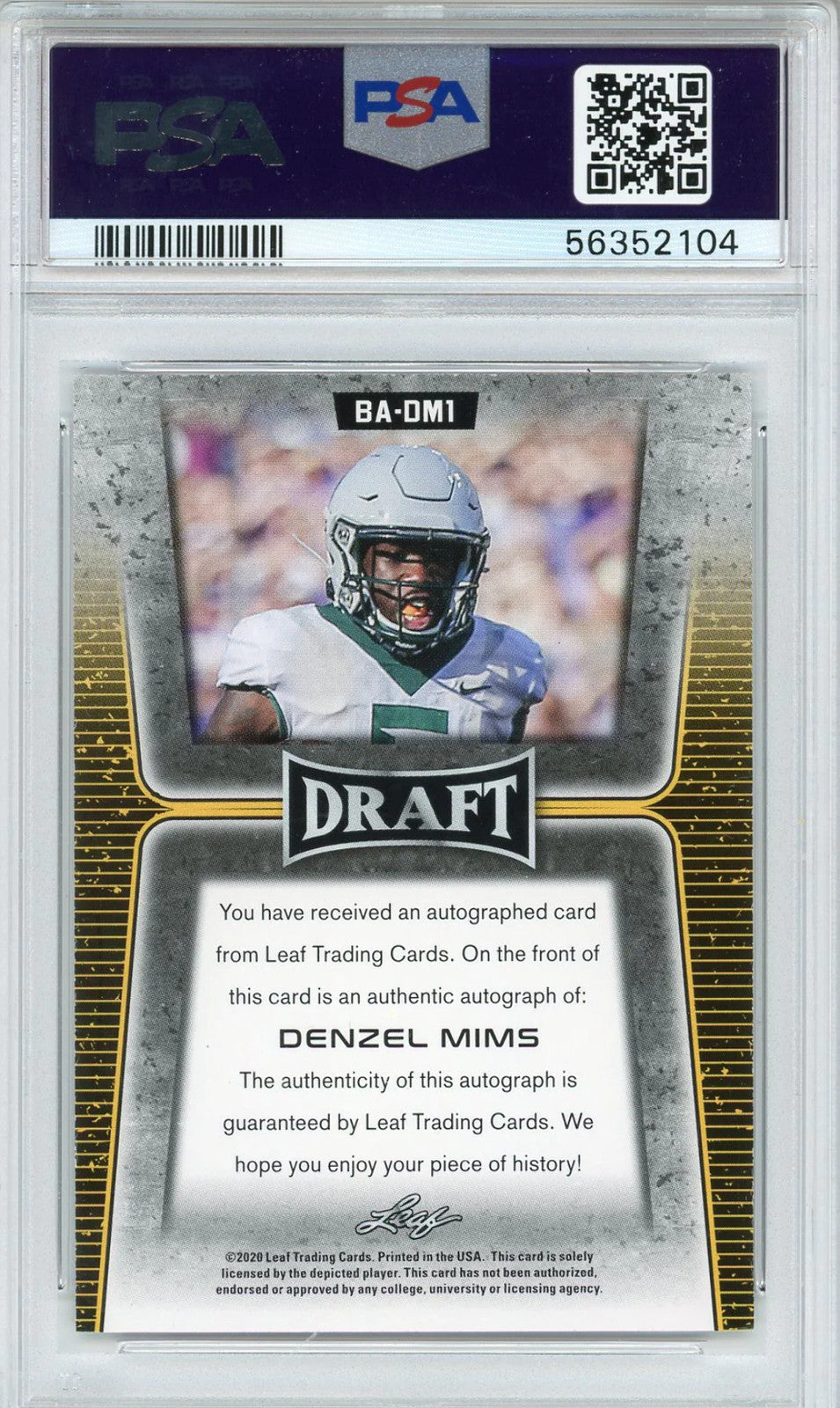 Denzel Mims Autographed 2020 Leaf Draft Rookie Card (Psa)