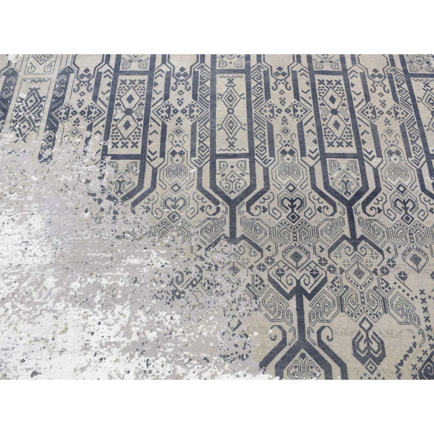 8'X9'10" Gray Broken And Erased Design Wool And Silk Hand Knotted Rug