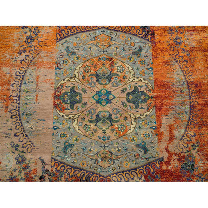 10'X10' Orange Ancient Ottoman Erased Design Wool Hand Knotted Round Rug
