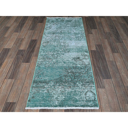 2'X5'7" Green Overdyed Vintage Zoroastrian Hand Knotted Wool Runner Rug