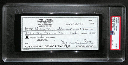 Johnny Unitas Hof Signed/Auto 2001 Bank Check Colts Psa/Dna Mint 9 192613