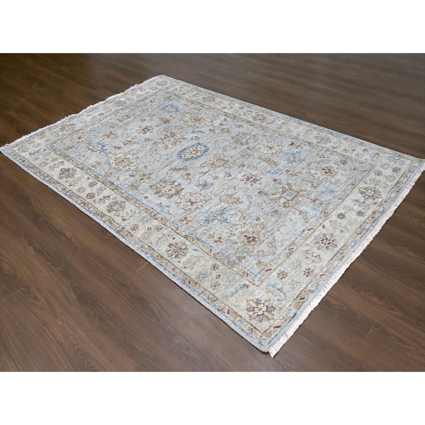 6'2"X9' Wythe Blue Wool Hand Knotted Oushak Design Supple Collection Rug