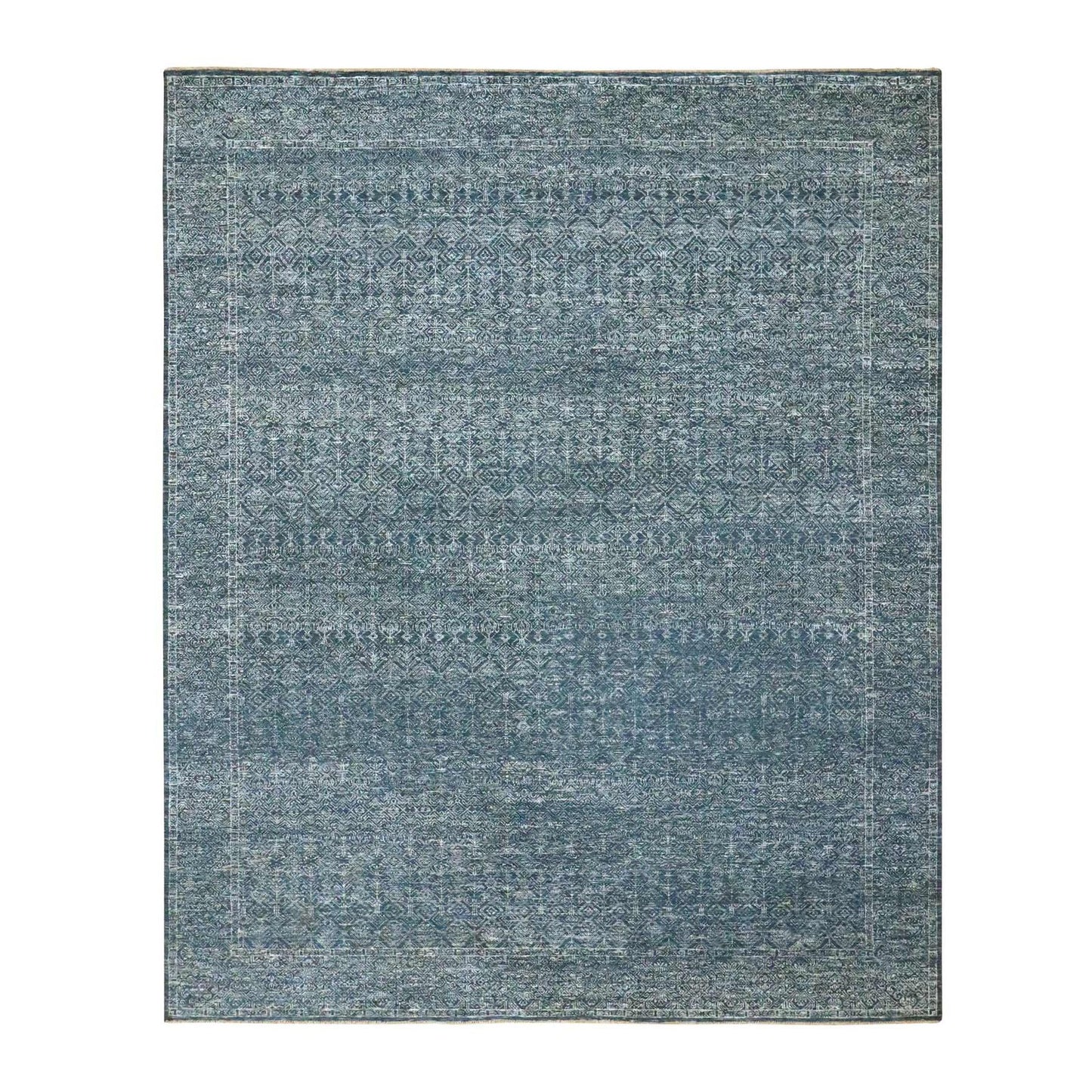 8'1"X10' Denim Blue Hand Knotted Wool And Silk Rug Intricate Tree Design