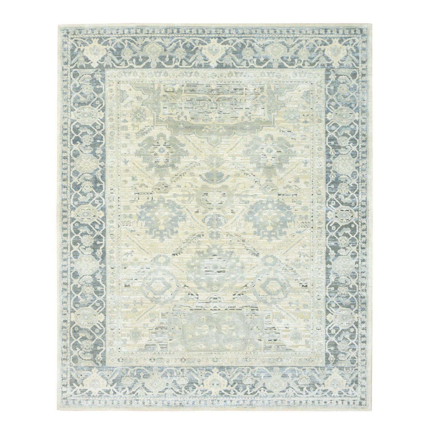 8'X9'10" Misty Gray Hand Knotted Oushak Design Silk And Oxidized Wool Rug