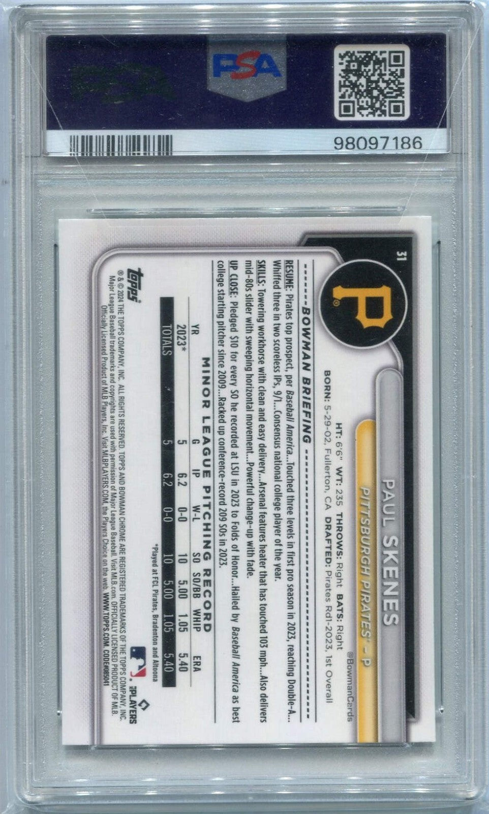 Paul Skenes 2024 Bowman Chrome Rc #31 Psa Graded 9