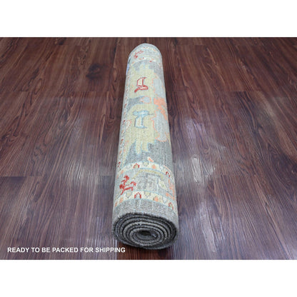 2'8"X7'8" Gray Heris With Dragon Design Pure Wool Hand Knotted Runner Rug