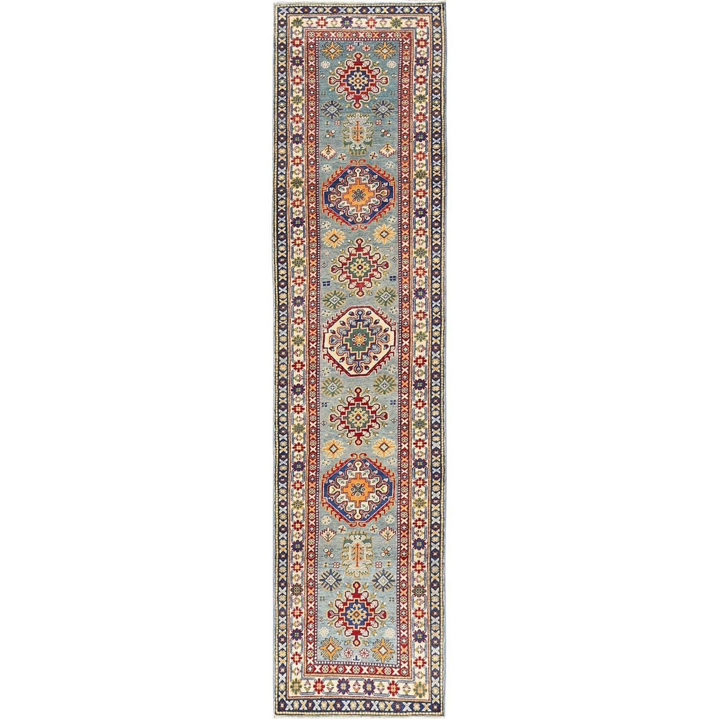 2'9"X12'3" Blue Kazak With Geometric Design Hand Knotted Rug Wool Runner
