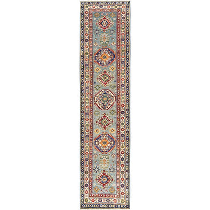 2'9"X12'3" Blue Kazak With Geometric Design Hand Knotted Rug Wool Runner