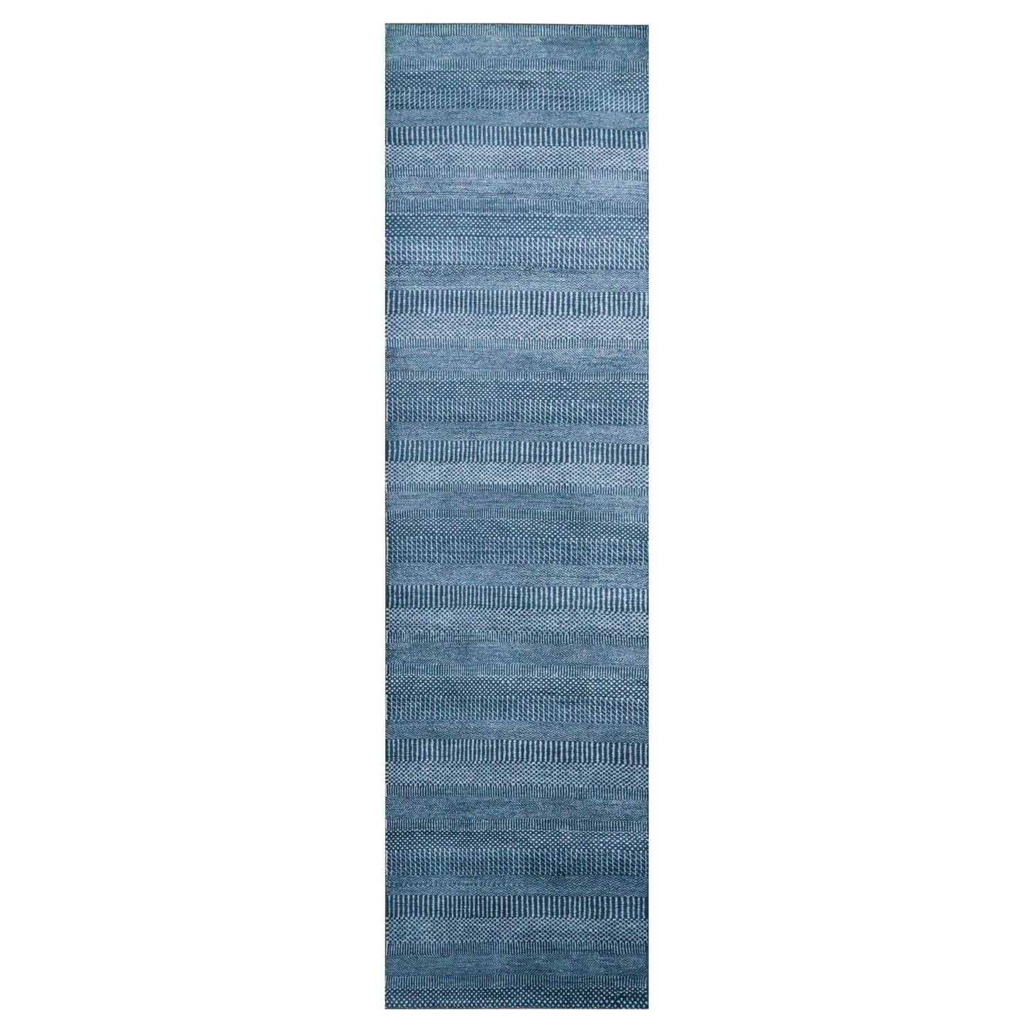 2'9"X11'4" Blue Modern Grass Design Wool And Silk Hand Knotted Runner Rug