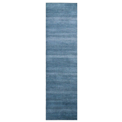 2'9"X11'4" Blue Modern Grass Design Wool And Silk Hand Knotted Runner Rug