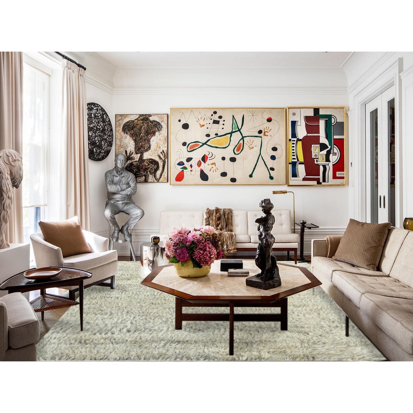 7'7"X9'10" Gray Undyed Natural Wool Hand Knotted Shaggy Moroccan Rug