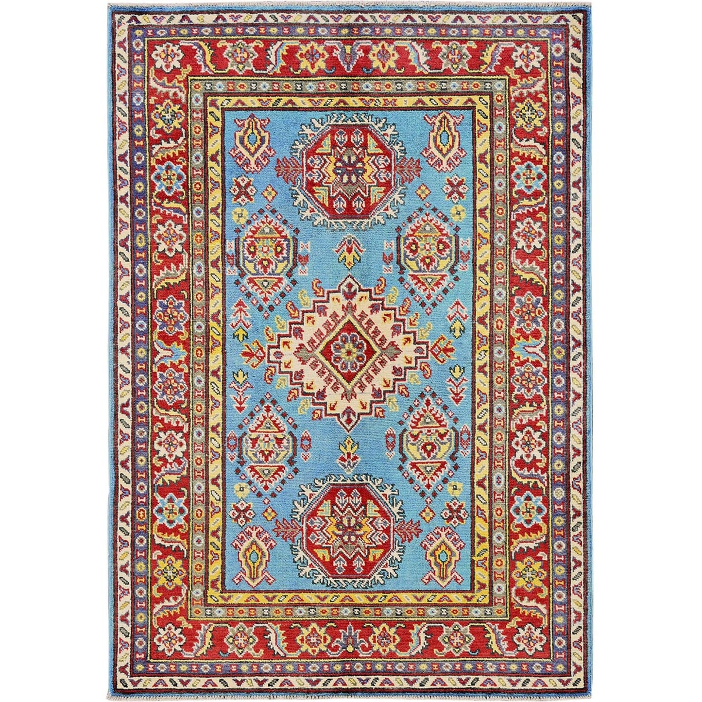 4'1"X5'10" Blue Kazak Geometric Medallions Design Hand Knotted All Wool Rug
