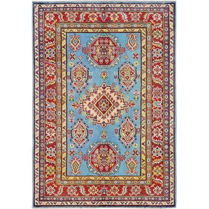 4'1"X5'10" Blue Kazak Geometric Medallions Design Hand Knotted All Wool Rug