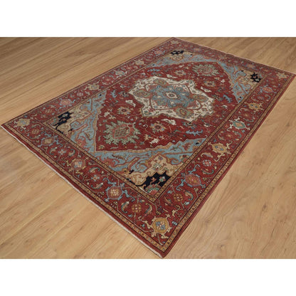 6'1"x9'2" Red Antiqued Fine Heris Re-Creation Soft Wool Hand Knotted Rug
