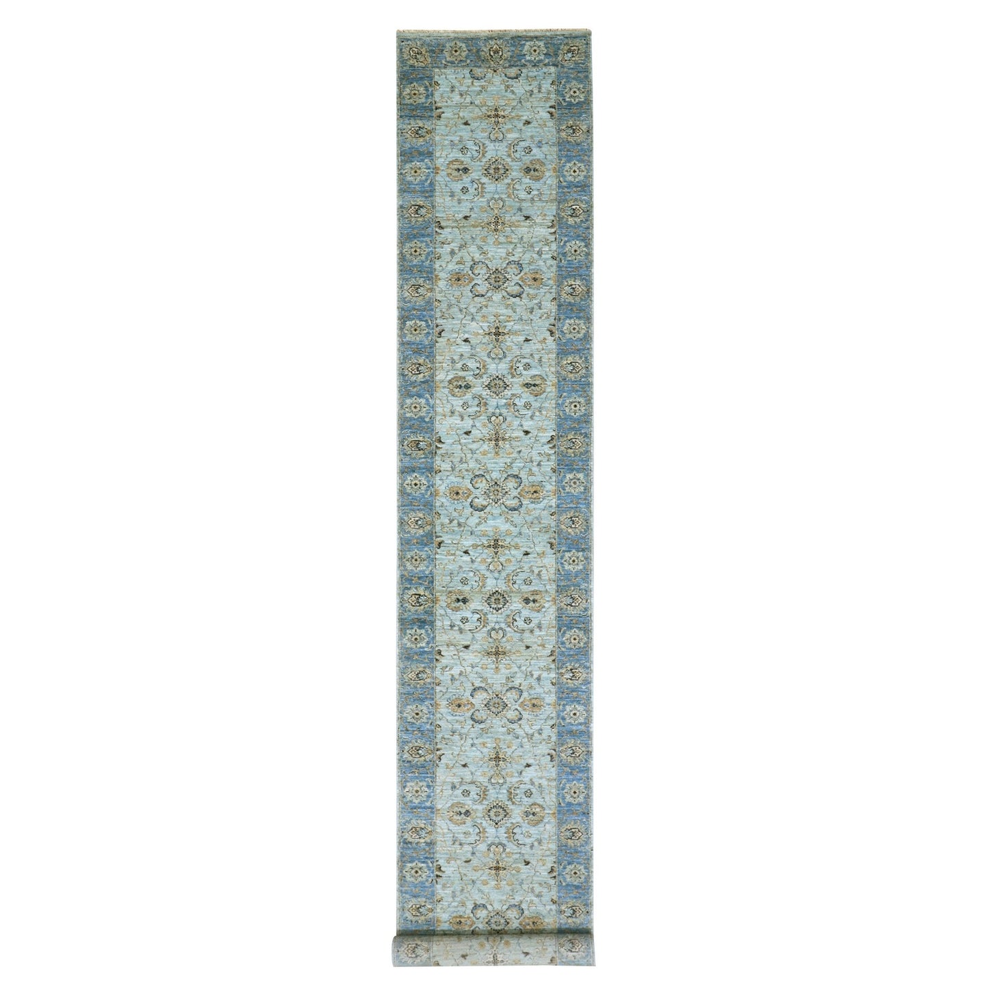 2'8"X22' Aqua Frost Blue Soft Wool Shah Abbas Hand Knotted Xl Runner Rug