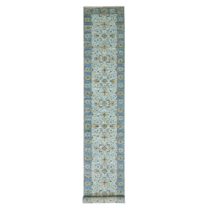 2'8"X22' Aqua Frost Blue Soft Wool Shah Abbas Hand Knotted Xl Runner Rug