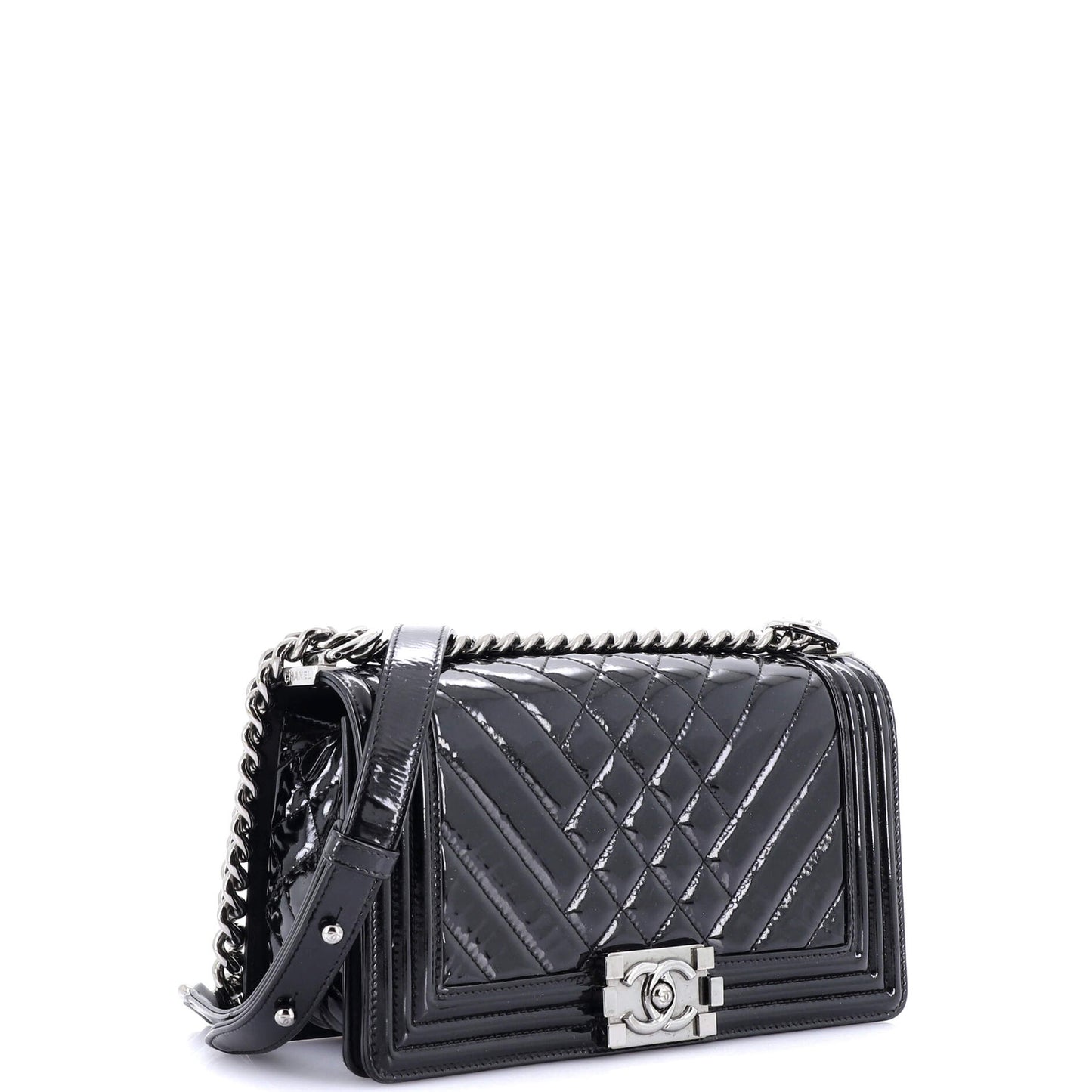 Chanel Boy Flap Bag Chevron Patent Old Medium