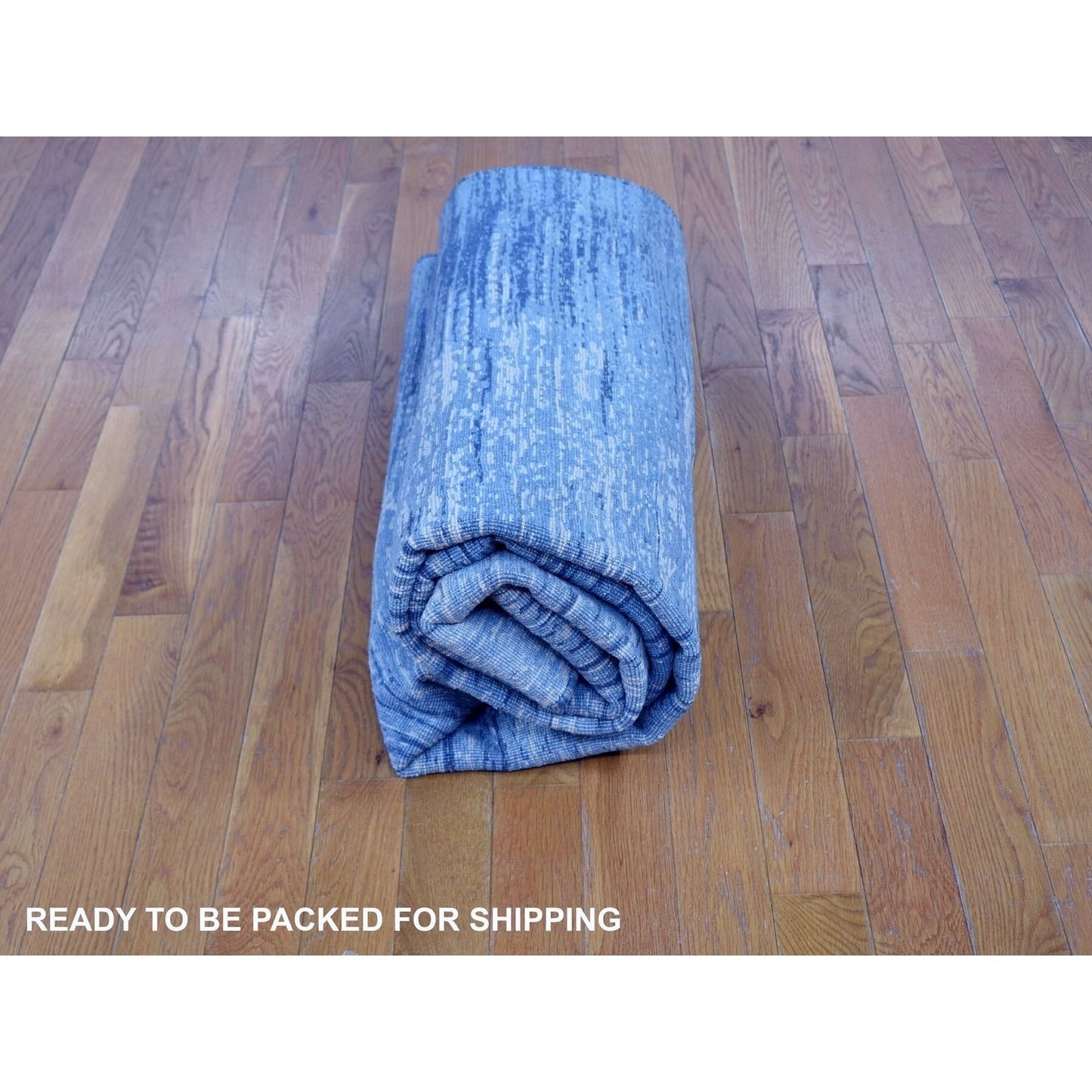 6'X8'10" Blue-Ivory Horizontal Ombre Design Pure Wool Hand Knotted Rug