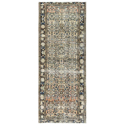 3'5"X9'2" Beige Hand Old Vintage Farsian Amadan Worn Down Wool Runner Rug