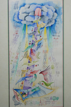 Raphael Abecassis (Israel) Original Watercolor On Paper Signed Tower Of Babel