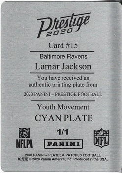 Lamar Jackson 2020 Panini Prestige Youth Movement Cyan Printing Plate 1/1 #15