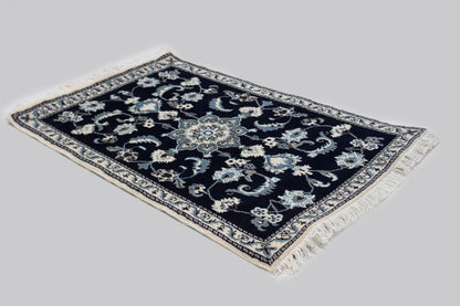 Hand-Knotted Navy Blue Classic Floral Oriental Rug Small Area Carpet 2'9X4'5 ft