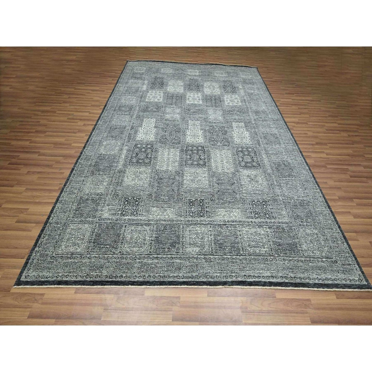 8'10"X12' Charcoal Gray Hand Knotted Wool Rug Garden Design Tone On Tone
