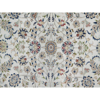 10'2"X10'2" White Nain Flower Motif Wool And Silk Hand Knotted Square Rug