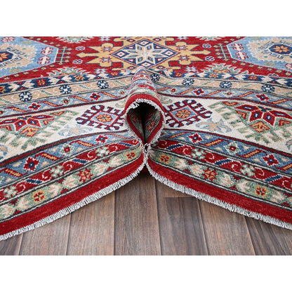 8'2"X9'8" Red Kazak With Geometric Medallions Design Wool Hand Knotted Rug