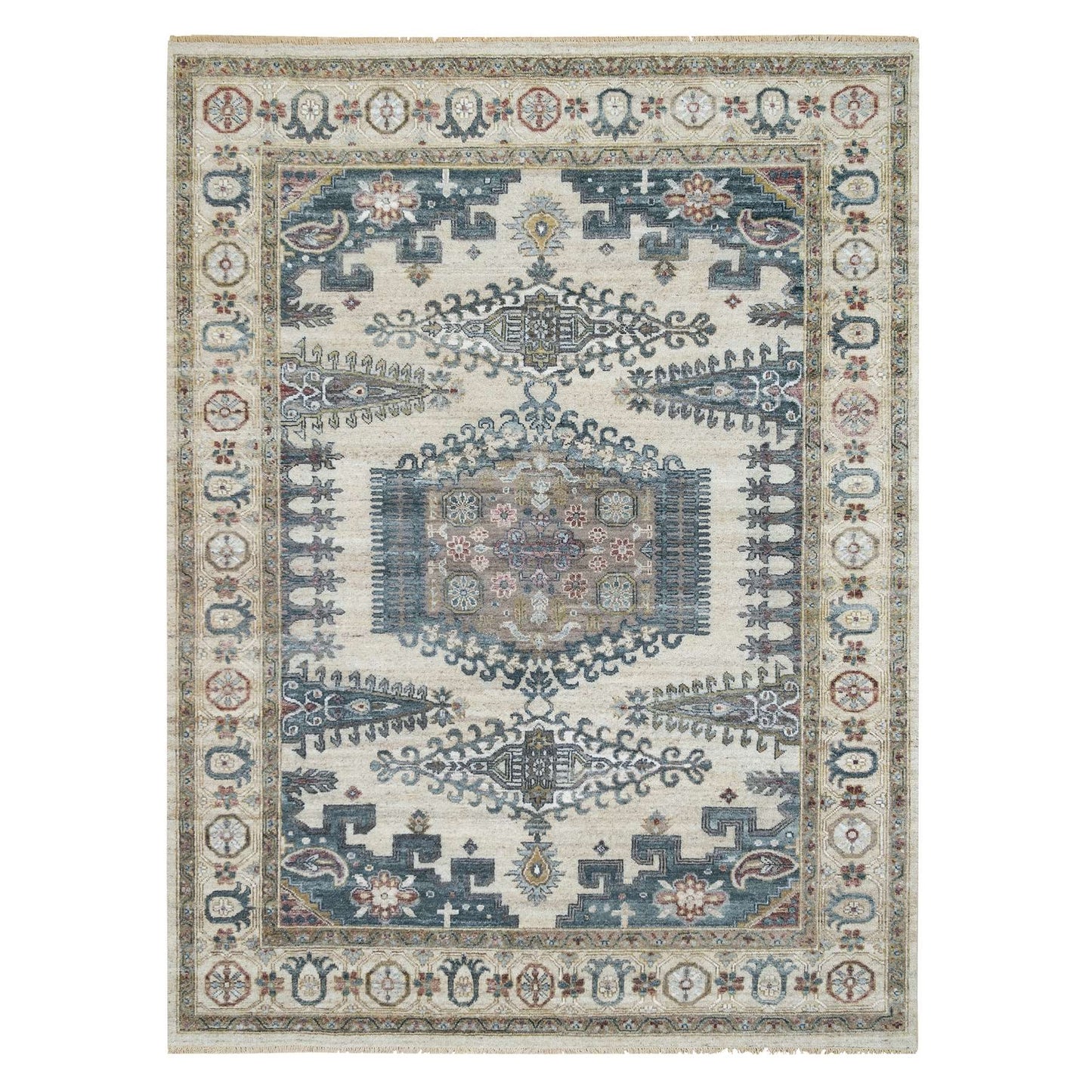 7'9"X10'4" Ivory Hand Knotted Reimagined Viss Design Wool Oriental Rug