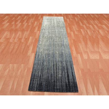 2'6"X10'2" Gray Pure Wool Hand Knotted Modern Ombre Design Runner Rug